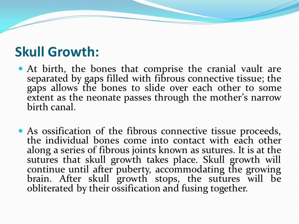 Skull Growth: At birth, the bones that comprise the cranial vault are separated by gaps filled with fibrous connective tissue; the gaps allows the bones to slide over each other to some extent as the neonate passes through the mother’s narrow birth canal.