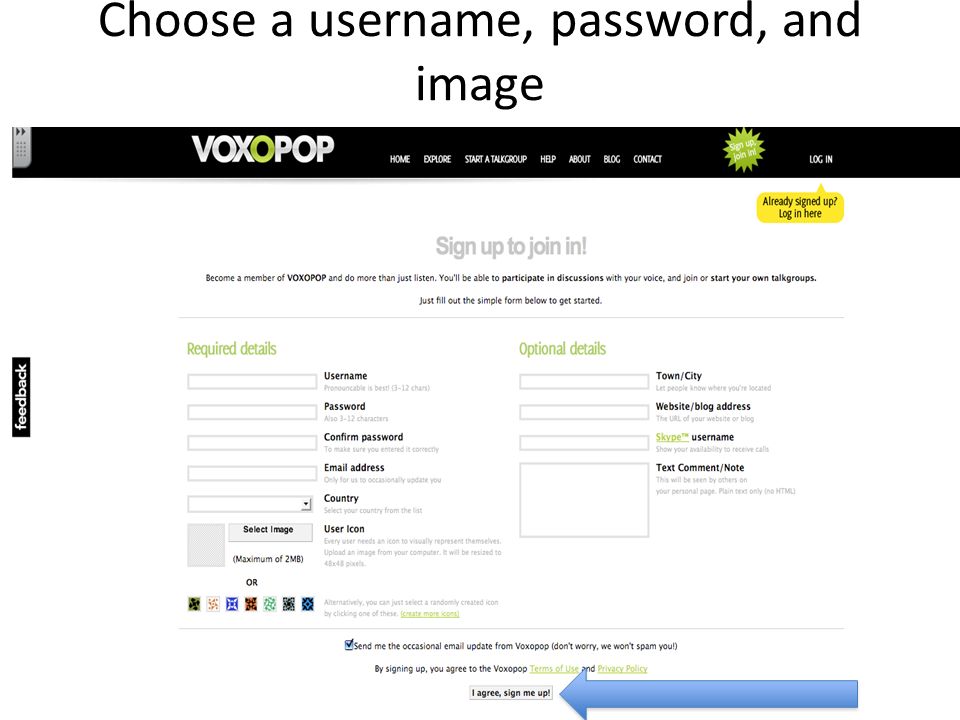 Choose a username, password, and image