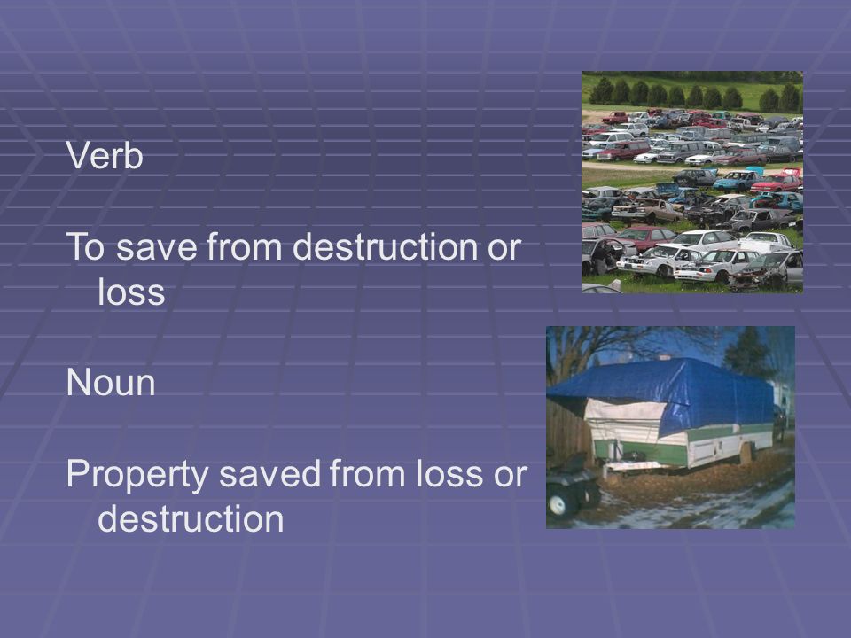 Verb To save from destruction or loss Noun Property saved from loss or destruction