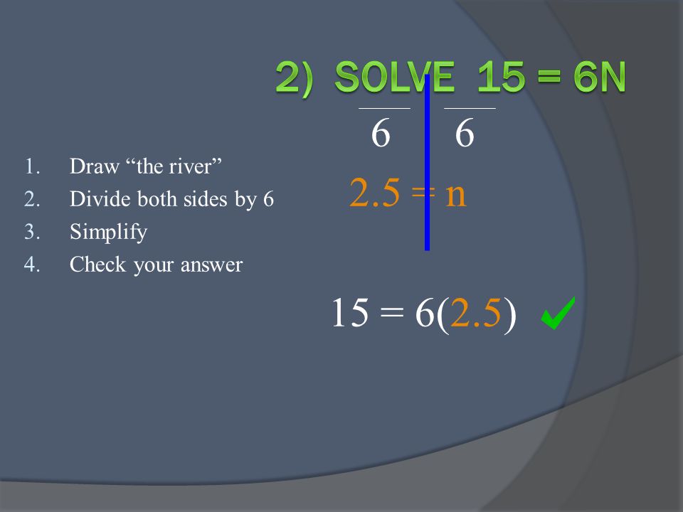 = n 15 = 6(2.5) 1.Draw the river 2.Divide both sides by 6 3.Simplify 4.Check your answer