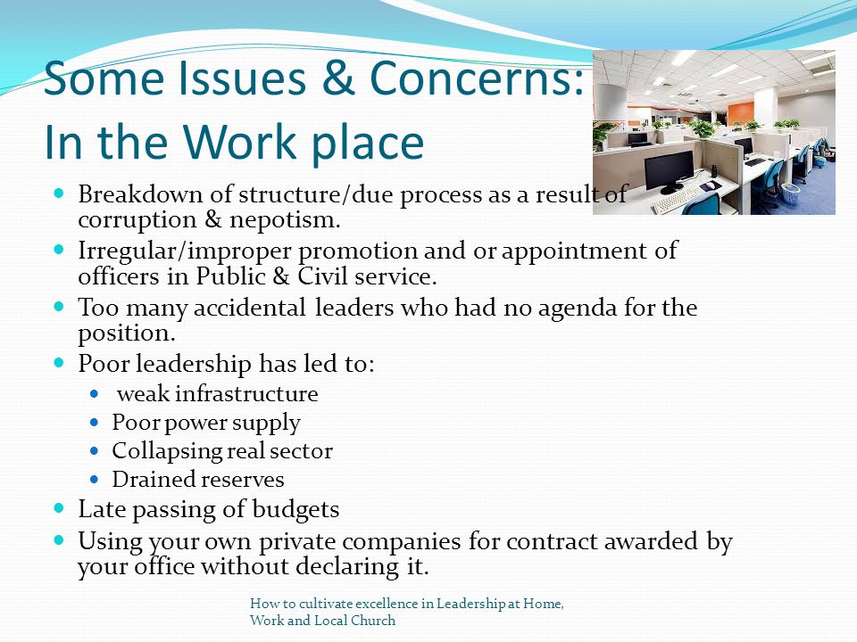 Some Issues & Concerns: In the Work place Breakdown of structure/due process as a result of corruption & nepotism.