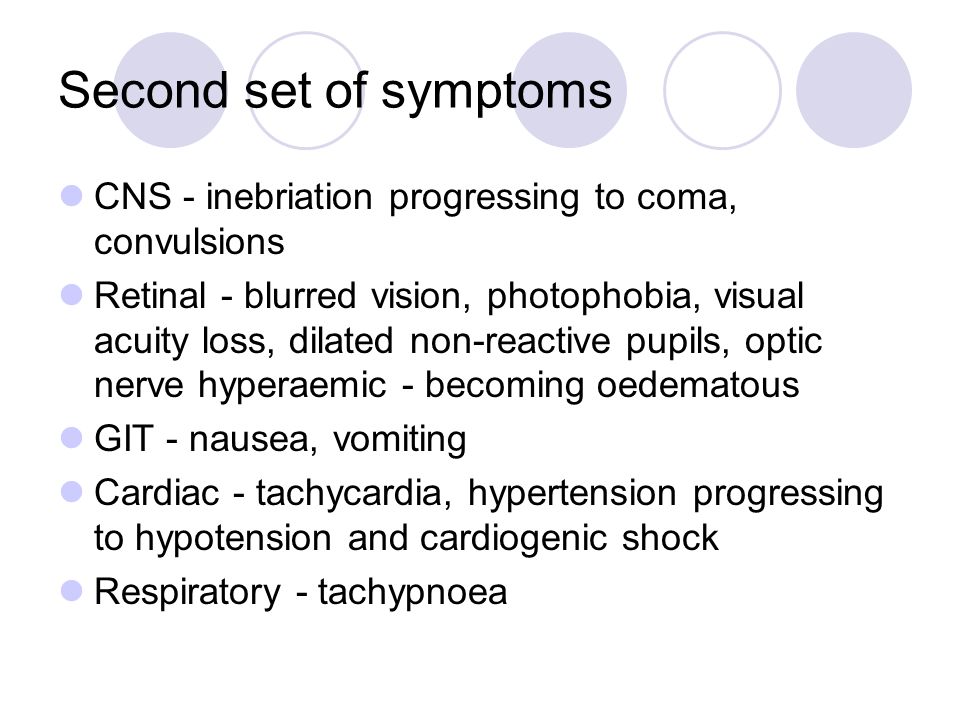 Second set of symptoms CNS - inebriation progressing to coma, convulsions Retinal - blurred vision, photophobia, visual acuity loss, dilated non-reactive pupils, optic nerve hyperaemic - becoming oedematous GIT - nausea, vomiting Cardiac - tachycardia, hypertension progressing to hypotension and cardiogenic shock Respiratory - tachypnoea