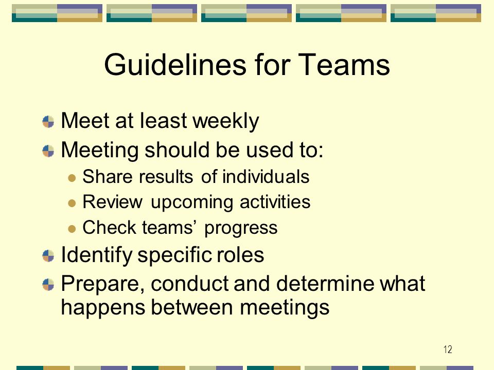 12 Guidelines for Teams Meet at least weekly Meeting should be used to: Share results of individuals Review upcoming activities Check teams’ progress Identify specific roles Prepare, conduct and determine what happens between meetings