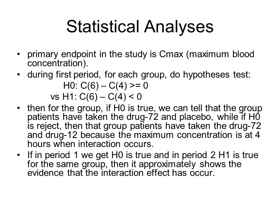 Statistical Analyses primary endpoint in the study is Cmax (maximum blood concentration).