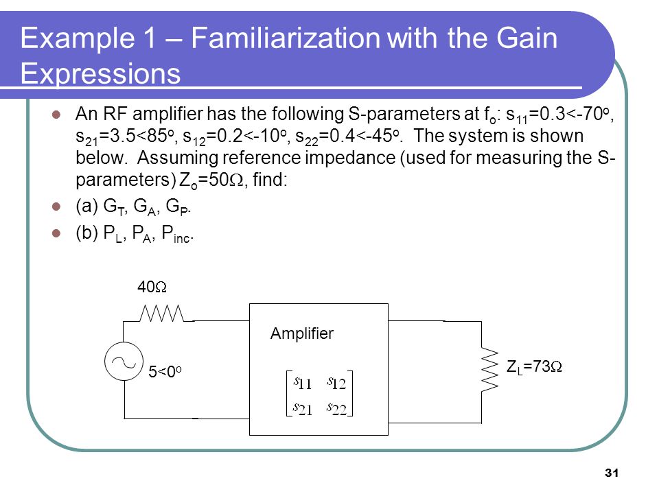 31 Example 1 – Familiarization with the Gain Expressions An RF amplifier has the following S-parameters at f o : s 11 =0.3<-70 o, s 21 =3.5<85 o, s 12 =0.2<-10 o, s 22 =0.4<-45 o.