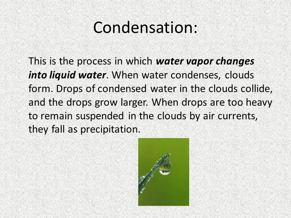 Condensation: This is the process in which water vapor changes into liquid water.