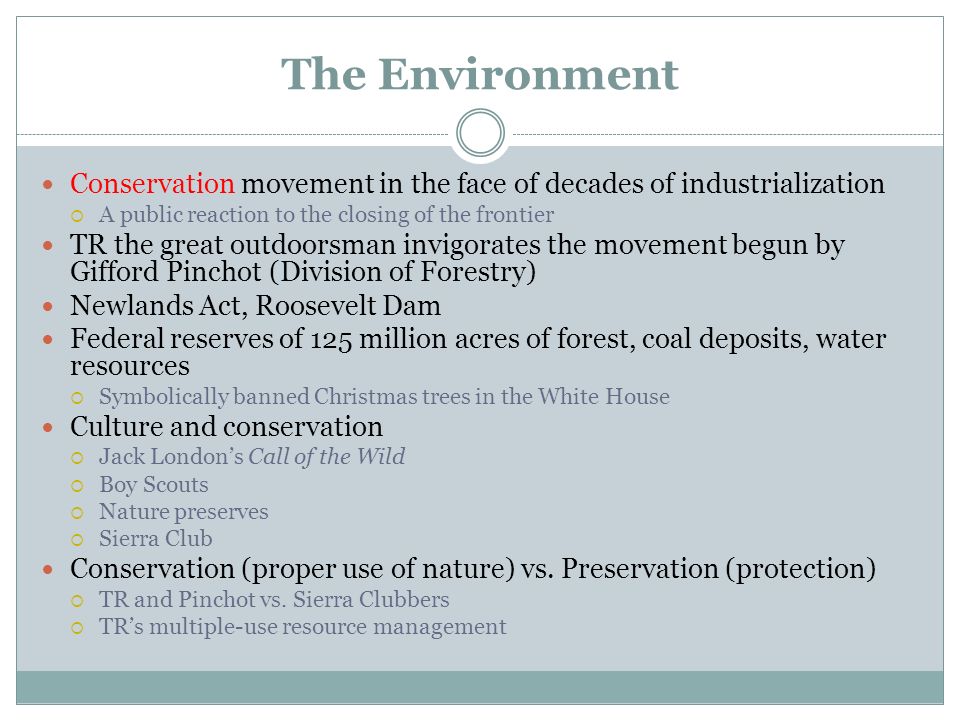 The Environment Conservation movement in the face of decades of industrialization  A public reaction to the closing of the frontier TR the great outdoorsman invigorates the movement begun by Gifford Pinchot (Division of Forestry) Newlands Act, Roosevelt Dam Federal reserves of 125 million acres of forest, coal deposits, water resources  Symbolically banned Christmas trees in the White House Culture and conservation  Jack London’s Call of the Wild  Boy Scouts  Nature preserves  Sierra Club Conservation (proper use of nature) vs.
