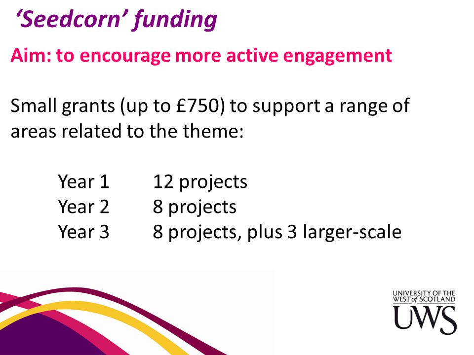 ‘Seedcorn’ funding Aim: to encourage more active engagement Small grants (up to £750) to support a range of areas related to the theme: Year 112 projects Year 28 projects Year 38 projects, plus 3 larger-scale