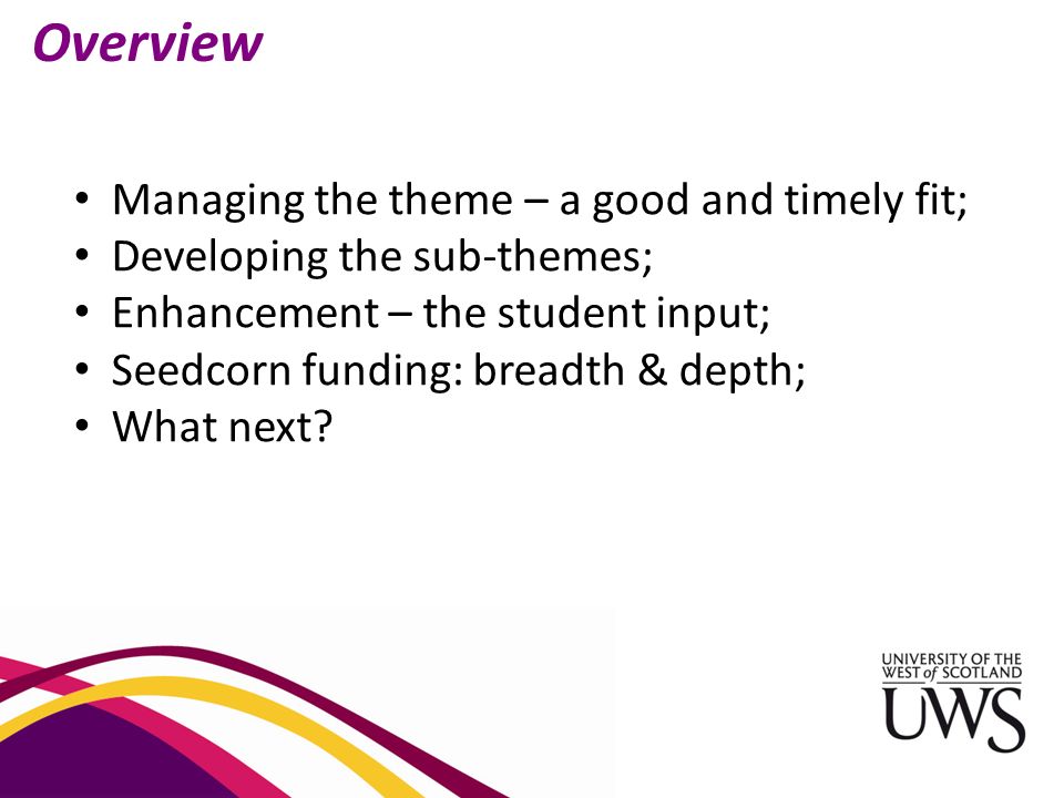 Overview Managing the theme – a good and timely fit; Developing the sub-themes; Enhancement – the student input; Seedcorn funding: breadth & depth; What next