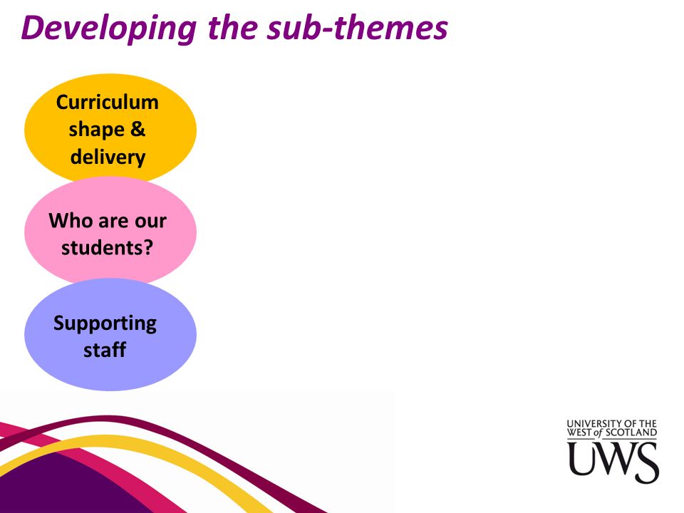 Developing the sub-themes Curriculum shape & delivery Who are our students Supporting staff