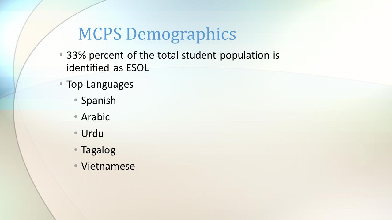 MCPS Demographics 33% percent of the total student population is identified as ESOL Top Languages Spanish Arabic Urdu Tagalog Vietnamese