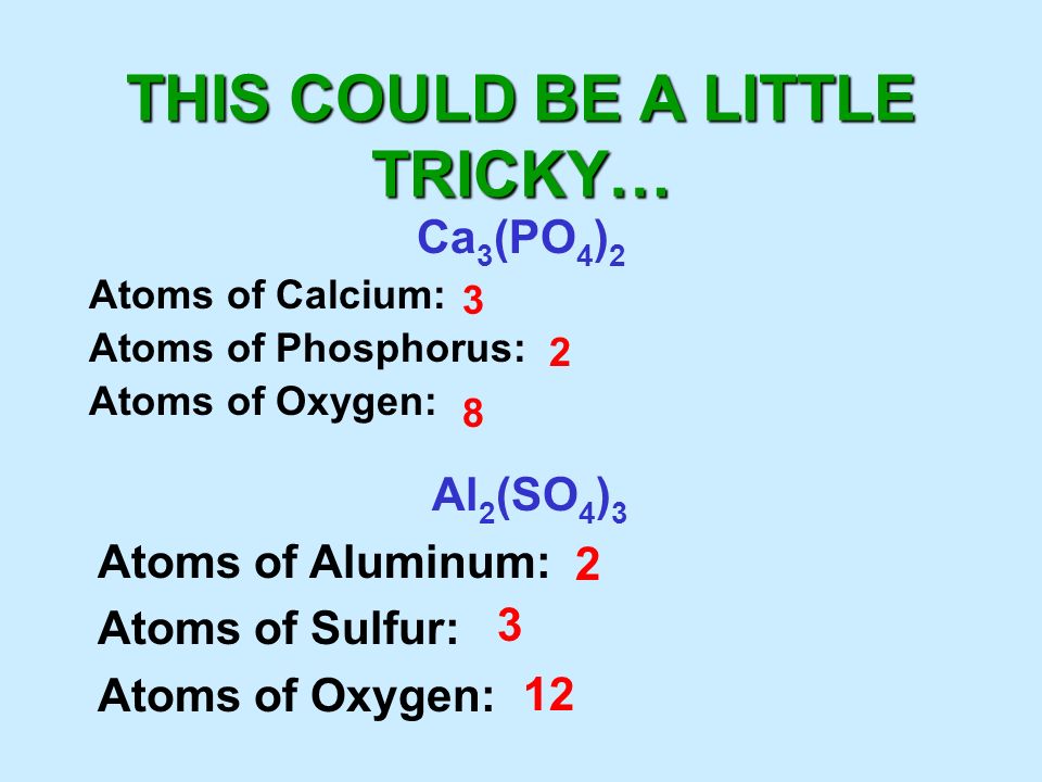 THIS COULD BE A LITTLE TRICKY… Ca 3 (PO 4 ) 2 Atoms of Calcium: Atoms of Phosphorus: Atoms of Oxygen: 3 2 Al 2 (SO 4 ) 3 Atoms of Aluminum: Atoms of Sulfur: Atoms of Oxygen: