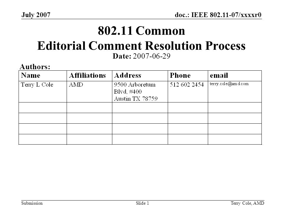 doc.: IEEE /xxxxr0 Submission July 2007 Terry Cole, AMDSlide Common Editorial Comment Resolution Process Date: Authors: