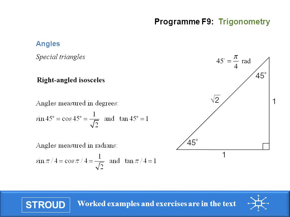 STROUD Worked examples and exercises are in the text Programme F9: Trigonometry Angles Special triangles Right-angled isosceles