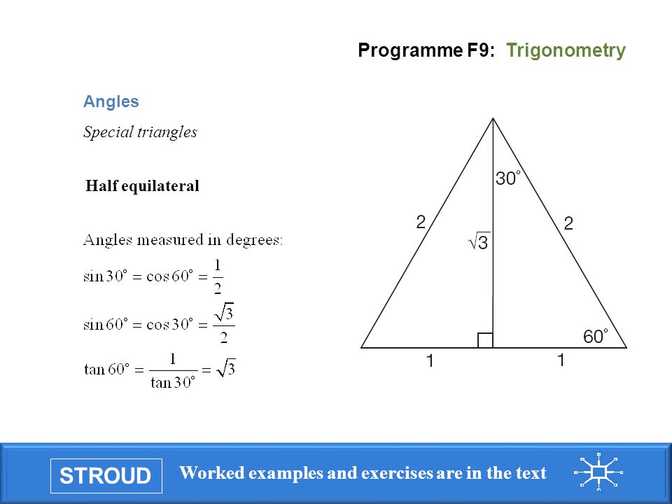 STROUD Worked examples and exercises are in the text Programme F9: Trigonometry Angles Special triangles Half equilateral