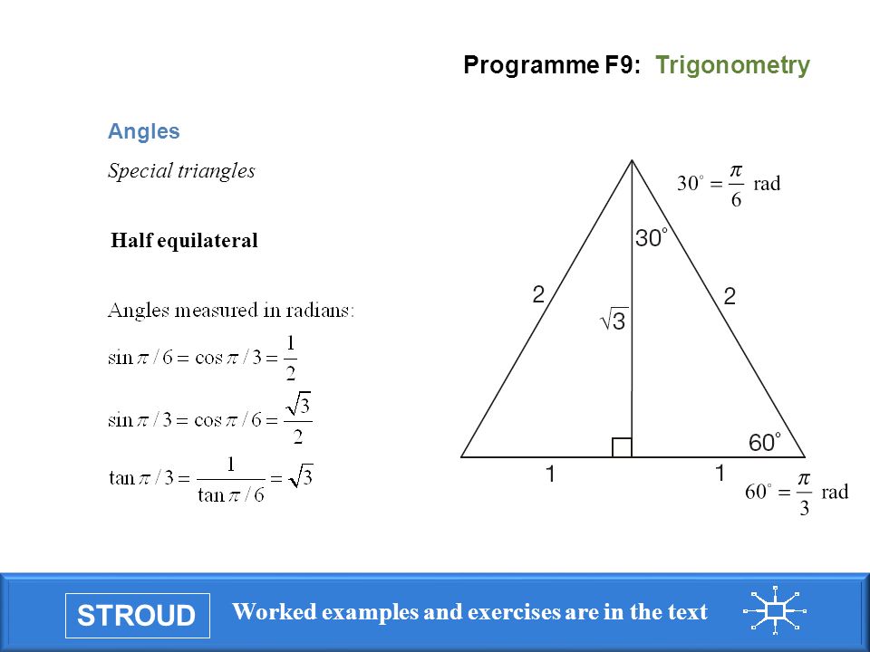 STROUD Worked examples and exercises are in the text Programme F9: Trigonometry Angles Special triangles Half equilateral