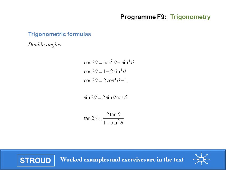 STROUD Worked examples and exercises are in the text Programme F9: Trigonometry Trigonometric formulas Double angles