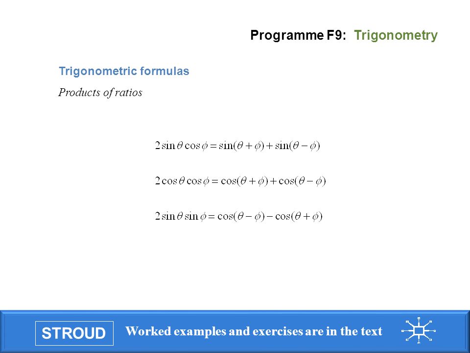 STROUD Worked examples and exercises are in the text Programme F9: Trigonometry Trigonometric formulas Products of ratios