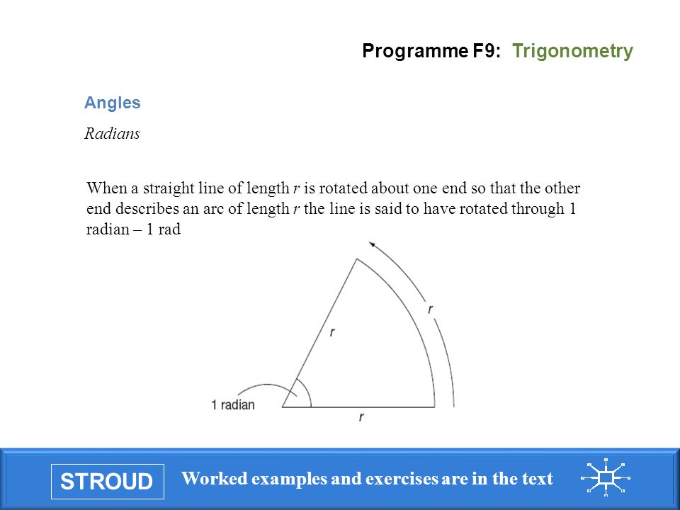 STROUD Worked examples and exercises are in the text Programme F9: Trigonometry Angles Radians When a straight line of length r is rotated about one end so that the other end describes an arc of length r the line is said to have rotated through 1 radian – 1 rad