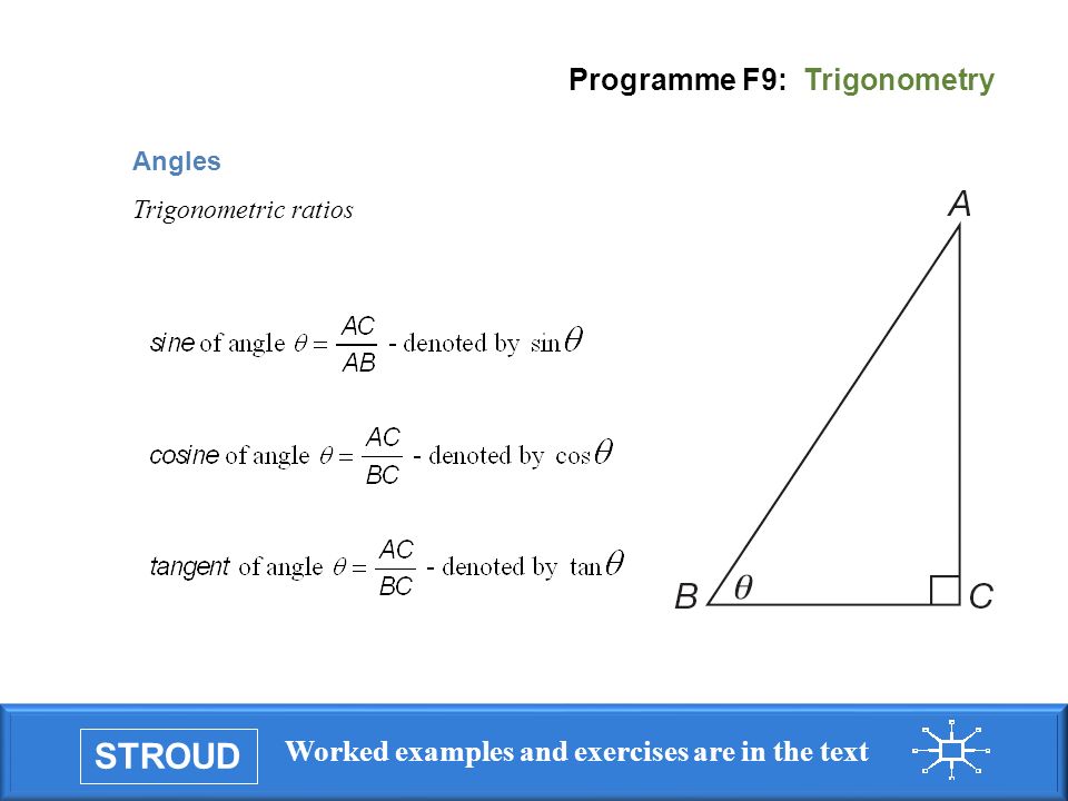 STROUD Worked examples and exercises are in the text Programme F9: Trigonometry Angles Trigonometric ratios