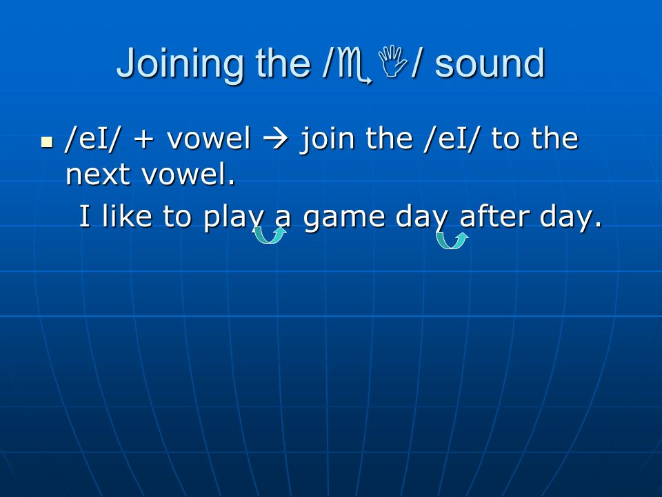 Joining the /eI/ sound /eI/ + vowel  join the /eI/ to the next vowel.