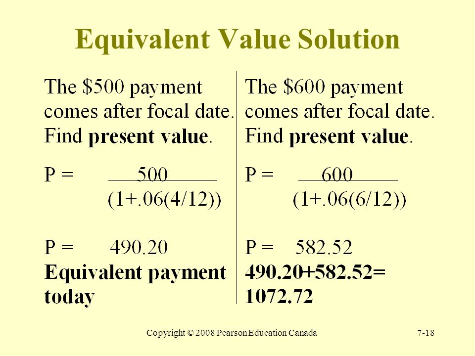 Copyright © 2008 Pearson Education Canada7-17 Can You Calculate the Equivalent Value Today of the Following Two Scheduled Payments