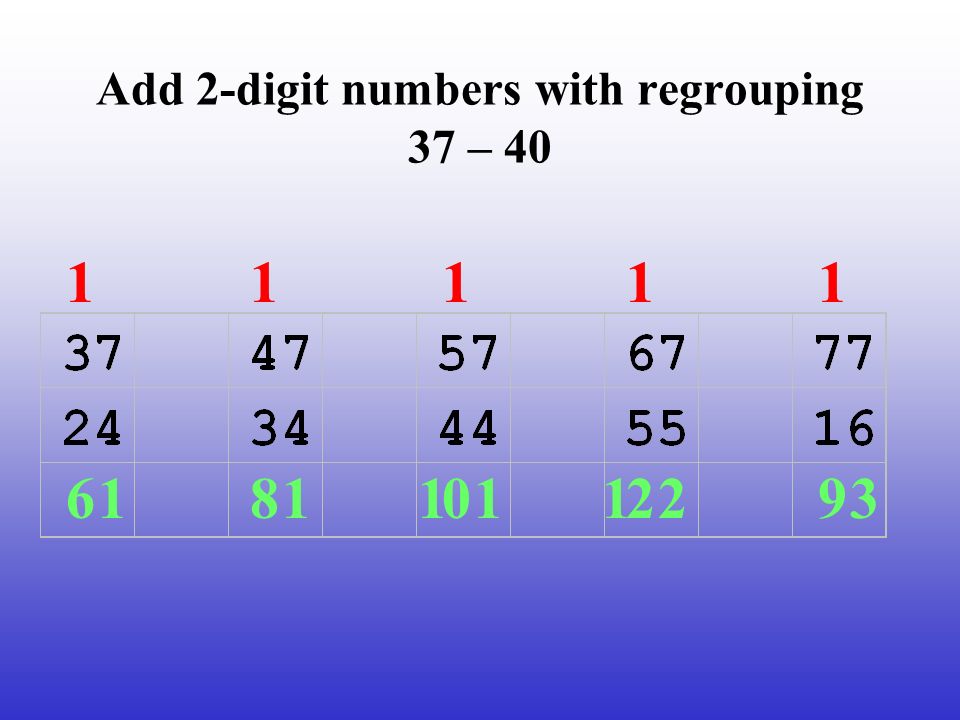 Add 2-digit numbers with regrouping 37 –