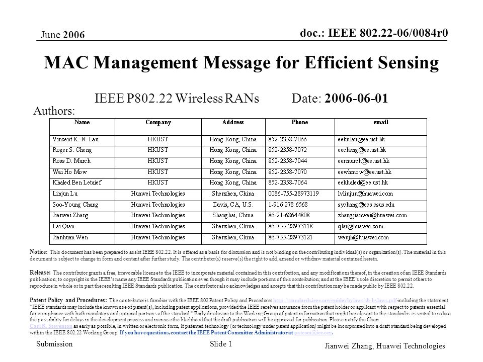 doc.: IEEE /0084r0 Submission June 2006 Jianwei Zhang, Huawei Technologies Slide 1 MAC Management Message for Efficient Sensing IEEE P Wireless RANs Date: Notice: This document has been prepared to assist IEEE