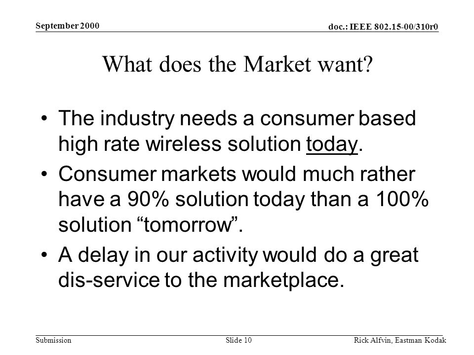 doc.: IEEE /310r0 Submission September 2000 Rick Alfvin, Eastman KodakSlide 10 What does the Market want.