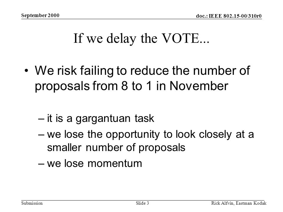 doc.: IEEE /310r0 Submission September 2000 Rick Alfvin, Eastman KodakSlide 3 If we delay the VOTE...