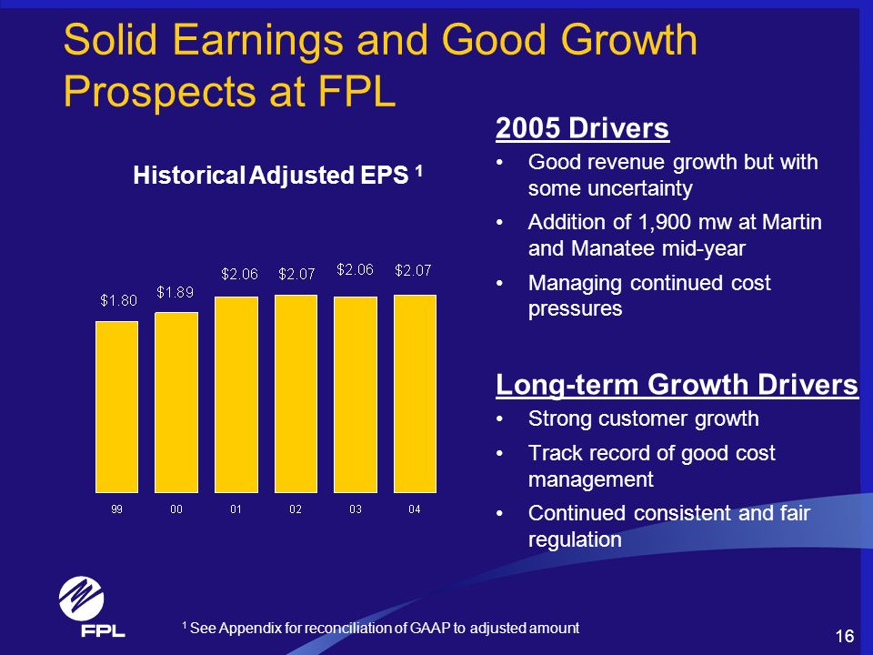 16 Solid Earnings and Good Growth Prospects at FPL 2005 Drivers Good revenue growth but with some uncertainty Addition of 1,900 mw at Martin and Manatee mid-year Managing continued cost pressures Long-term Growth Drivers Strong customer growth Track record of good cost management Continued consistent and fair regulation Historical Adjusted EPS 1 1 See Appendix for reconciliation of GAAP to adjusted amount