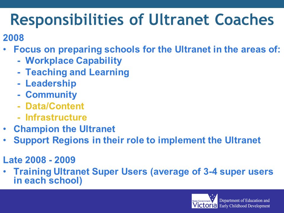 Responsibilities of Ultranet Coaches 2008 Focus on preparing schools for the Ultranet in the areas of: - Workplace Capability - Teaching and Learning - Leadership - Community - Data/Content - Infrastructure Champion the Ultranet Support Regions in their role to implement the Ultranet Late Training Ultranet Super Users (average of 3-4 super users in each school)