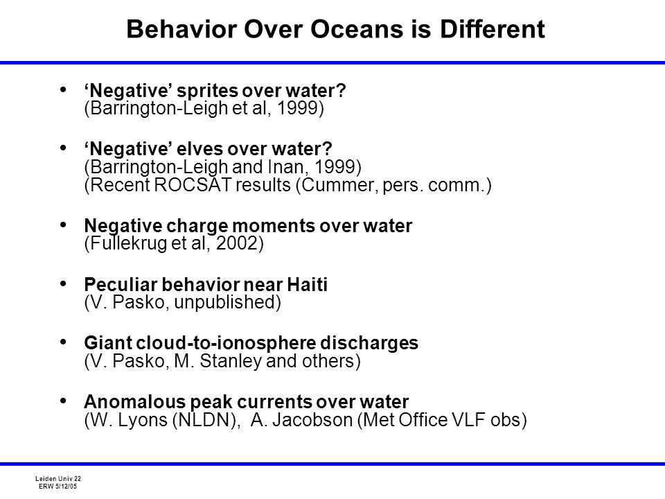 Leiden Univ 22 ERW 5/12/05 Behavior Over Oceans is Different ‘Negative’ sprites over water.