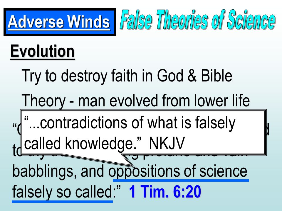 Adverse Winds Evolution Try to destroy faith in God & Bible Theory - man evolved from lower life 1 Tim.