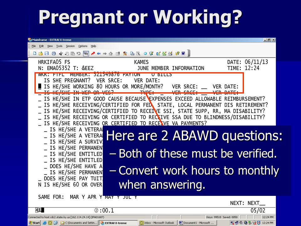 Pregnant or Working. Here are 2 ABAWD questions: –Both of these must be verified.