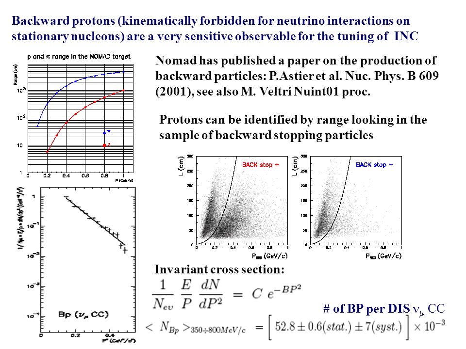 Backward protons (kinematically forbidden for neutrino interactions on stationary nucleons) are a very sensitive observable for the tuning of INC Protons can be identified by range looking in the sample of backward stopping particles Nomad has published a paper on the production of backward particles: P.Astier et al.