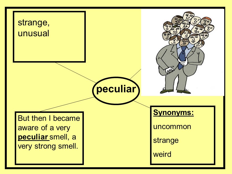 strange, unusual peculiar But then I became aware of a very peculiar smell, a very strong smell.