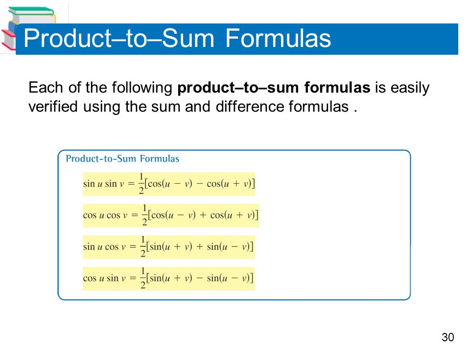 30 Product–to–Sum Formulas Each of the following product–to–sum formulas is easily verified using the sum and difference formulas.