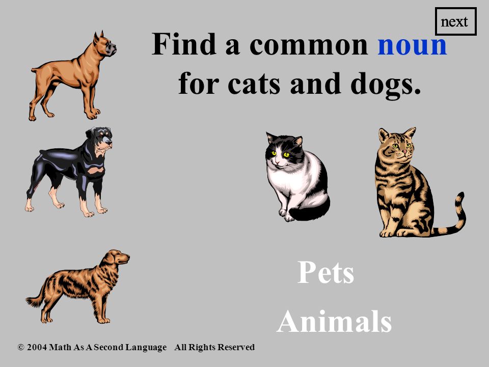 Find the common noun. cats next © 2004 Math As A Second Language All Rights Reserved
