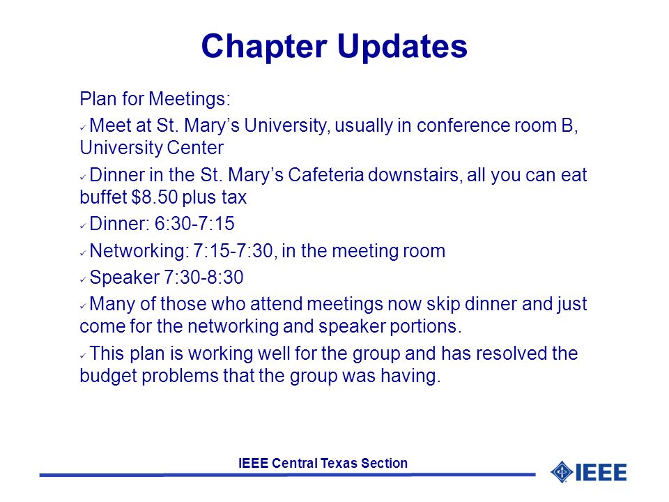 IEEE Central Texas Section Chapter Updates Plan for Meetings: Meet at St.