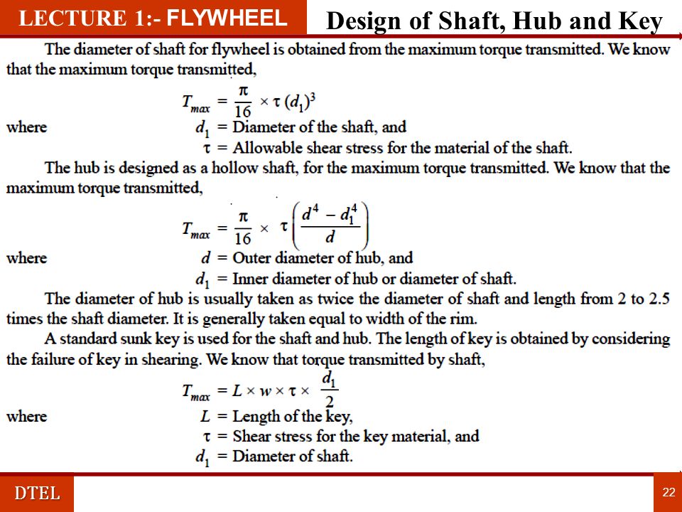 DTEL 22 LECTURE 1:- FLYWHEEL Design of Shaft, Hub and Key