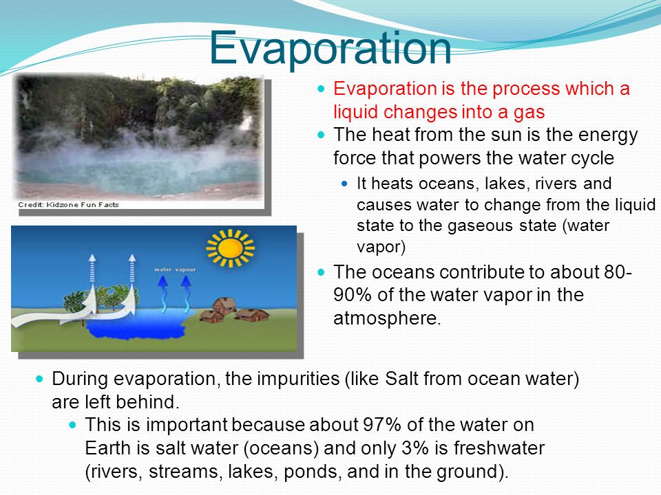 Evaporation Evaporation is the process which a liquid changes into a gas The heat from the sun is the energy force that powers the water cycle It heats oceans, lakes, rivers and causes water to change from the liquid state to the gaseous state (water vapor) The oceans contribute to about % of the water vapor in the atmosphere.