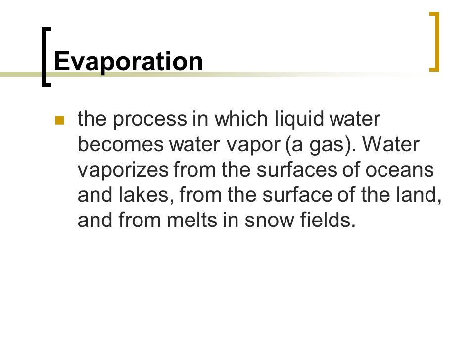 Evaporation the process in which liquid water becomes water vapor (a gas).