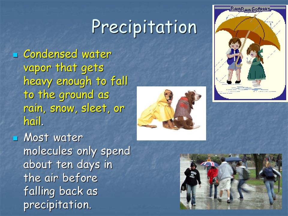 Precipitation Condensed water vapor that gets heavy enough to fall to the ground as rain, snow, sleet, or hail.