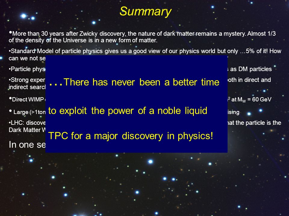 TeV Particle Astrophysics II - Madison – August 30, 2006 Elena Aprile, Columbia University Summary More than 30 years after Zwicky discovery, the nature of dark matter remains a mystery.