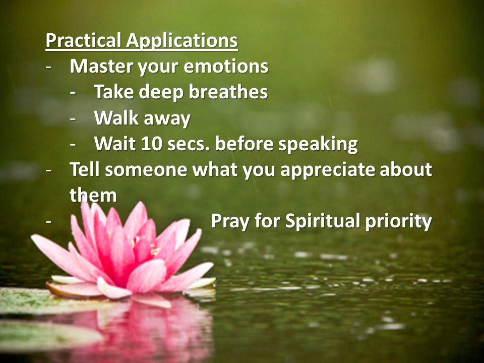 Practical Applications -Master your emotions -Take deep breathes -Walk away -Wait 10 secs.