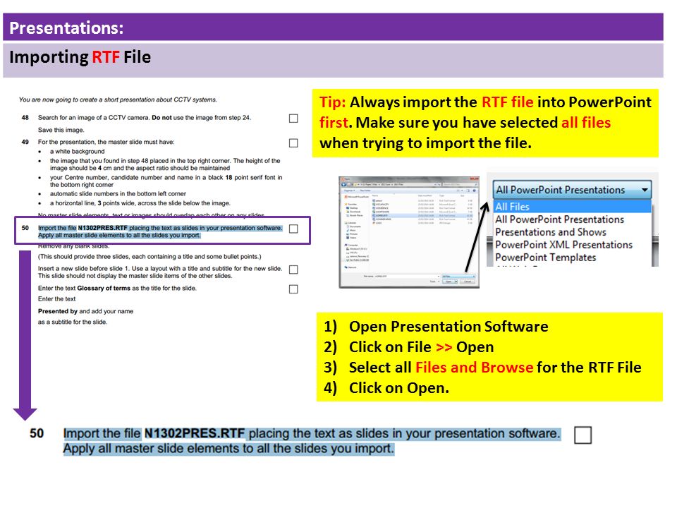 Presentations: Importing RTF File Tip: Always import the RTF file into PowerPoint first.