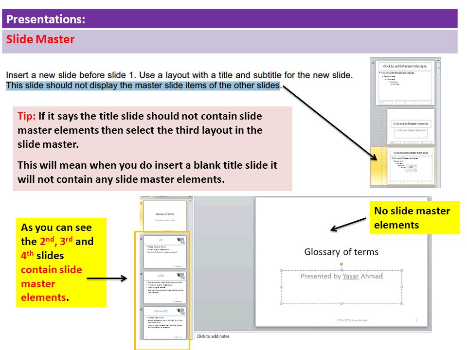 Tip: If it says the title slide should not contain slide master elements then select the third layout in the slide master.