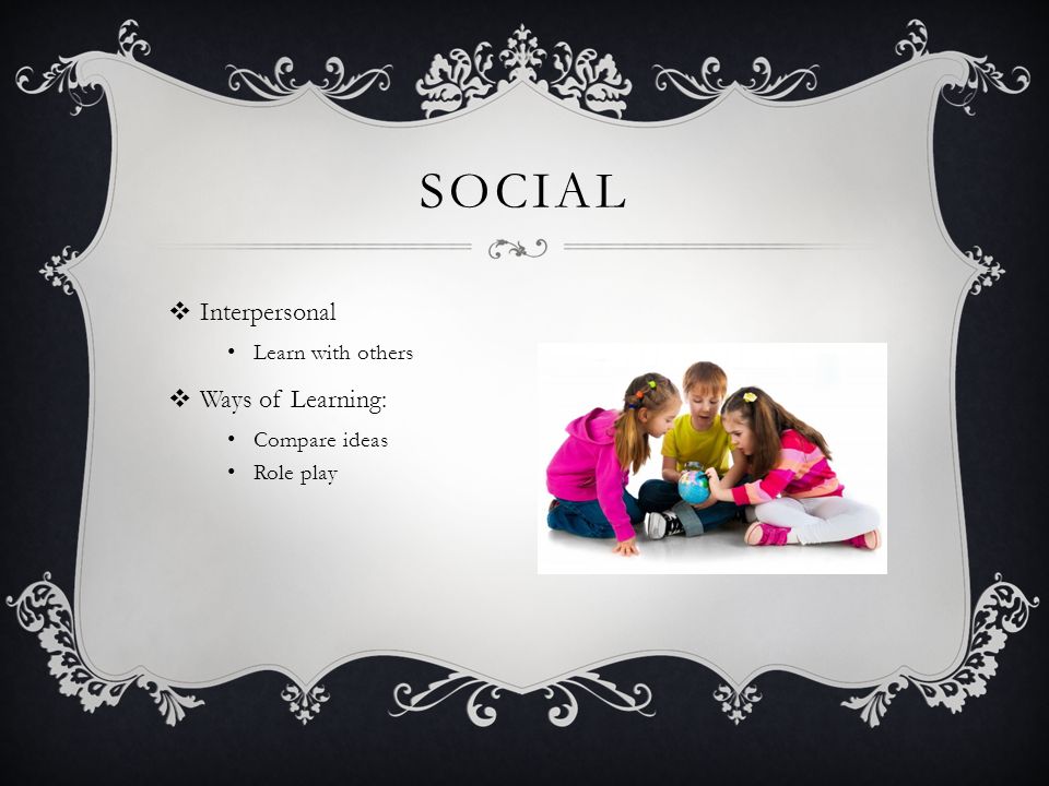  Interpersonal Learn with others  Ways of Learning: Compare ideas Role play SOCIAL