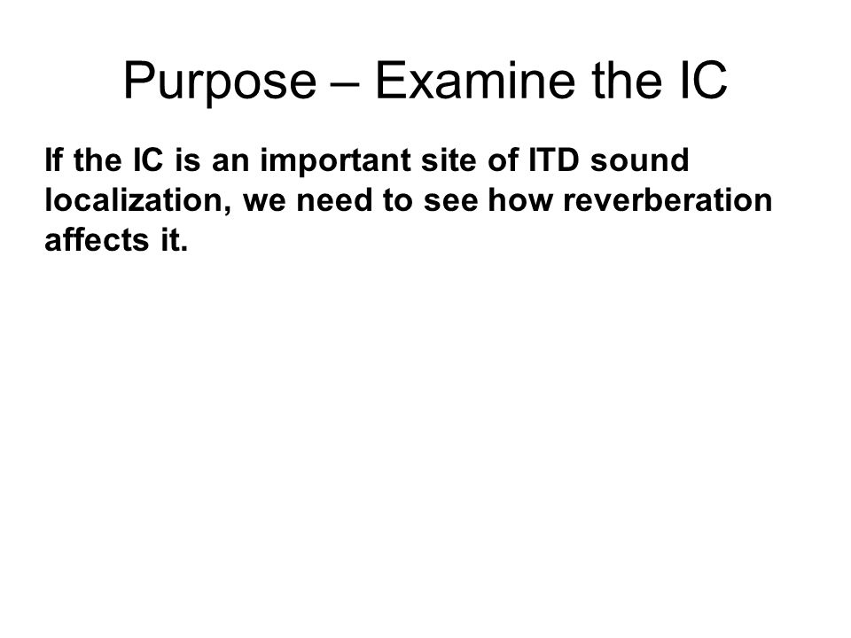 Purpose – Examine the IC If the IC is an important site of ITD sound localization, we need to see how reverberation affects it.